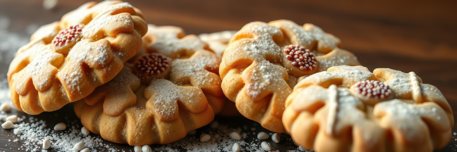 Delicious flower-shaped cookies dusted with powdered sugar on a wooden surface